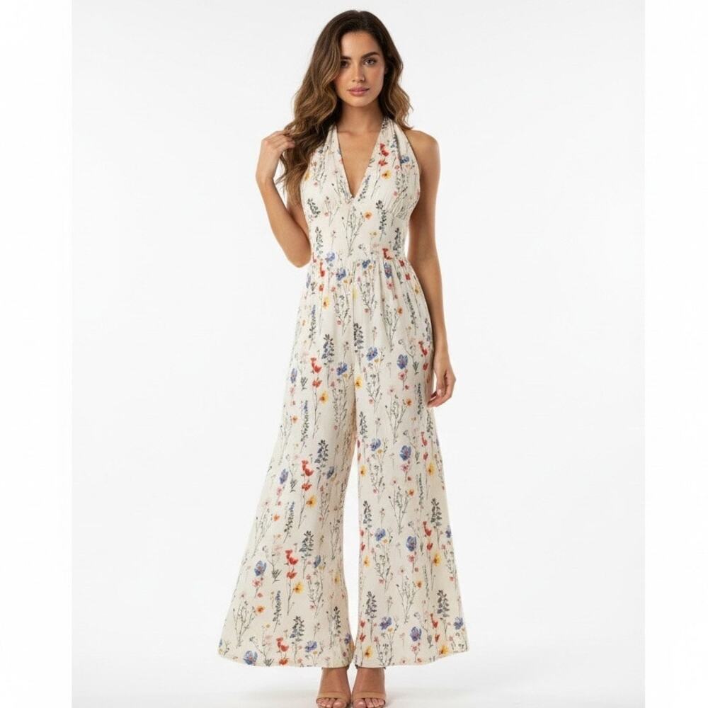 Cream Floral Halter Wide Leg Jumpsuit Cottagecore Spring Summer Large Resort